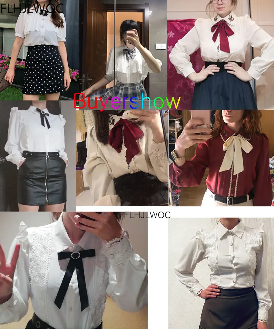 Women Cute Bow Tie Tops Preppy Style Vintage Japan Girls Korea FLHJLWOC Design Pink White Button Elegant Formal Shirts Blouses