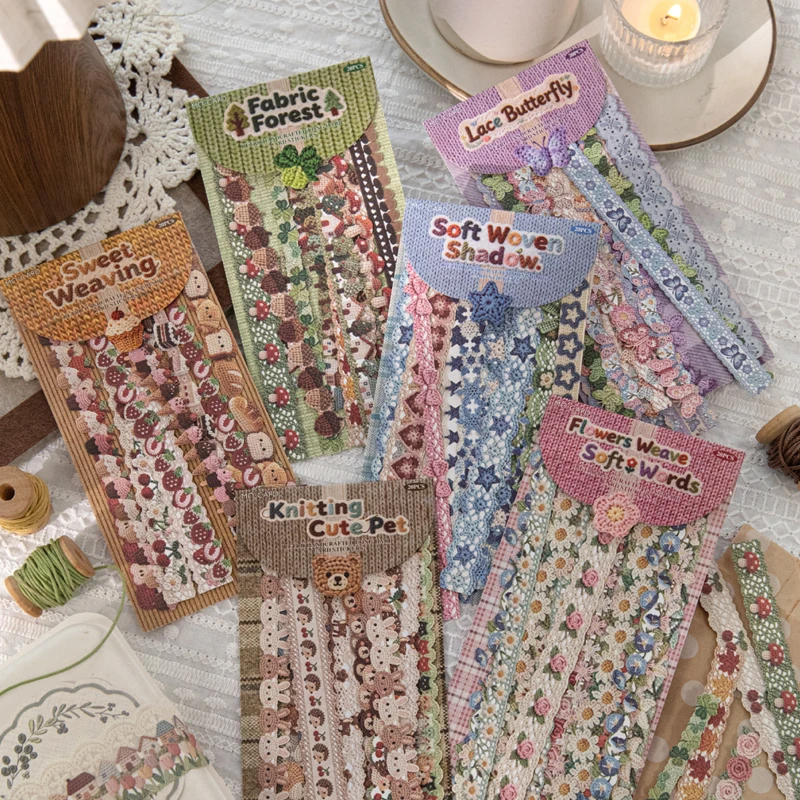 Mr.Paper 20Pcs/Bag Handmade Crochet Series Fabric Texture Sticker Strip Hard Card DIY Journal Scrapbook Decor Craft Supplies