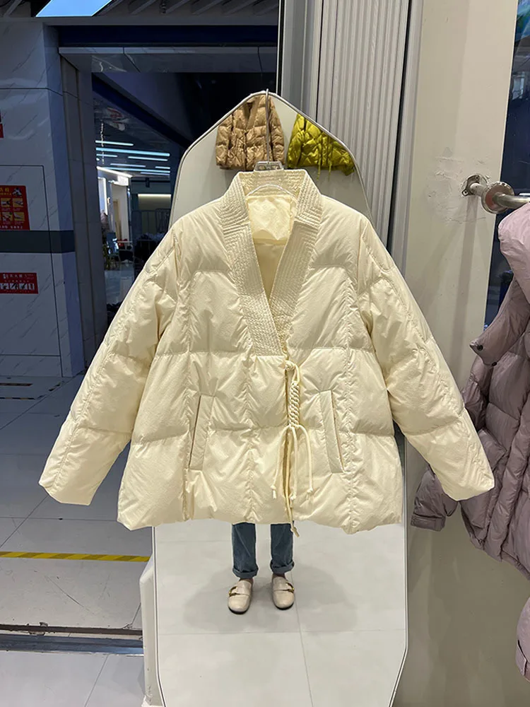 2023 Winter Thick White Duck Down Jacket Parkas Women Short Knitted V Neck Puffer Coat Female Casual Loose Warm Outwear