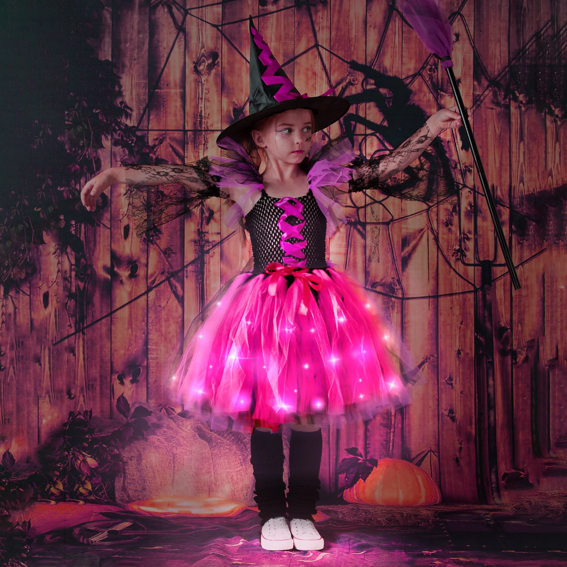 New Halloween Carnival Party Girls Witch Costume Luminous LED Lights Tulle Tutu Dress Masquerade Vampire Devil Winifred Dress Up