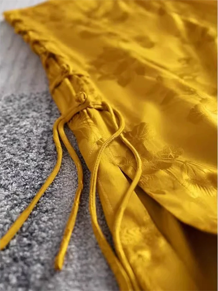 تنورة نسائية صفراء على شكل حرف a Y2k تنانير طويلة مع شق جمالي هاراجوكو تنورة على الطراز الكوري الصيني 2000s ملابس صيفية عتيقة #2