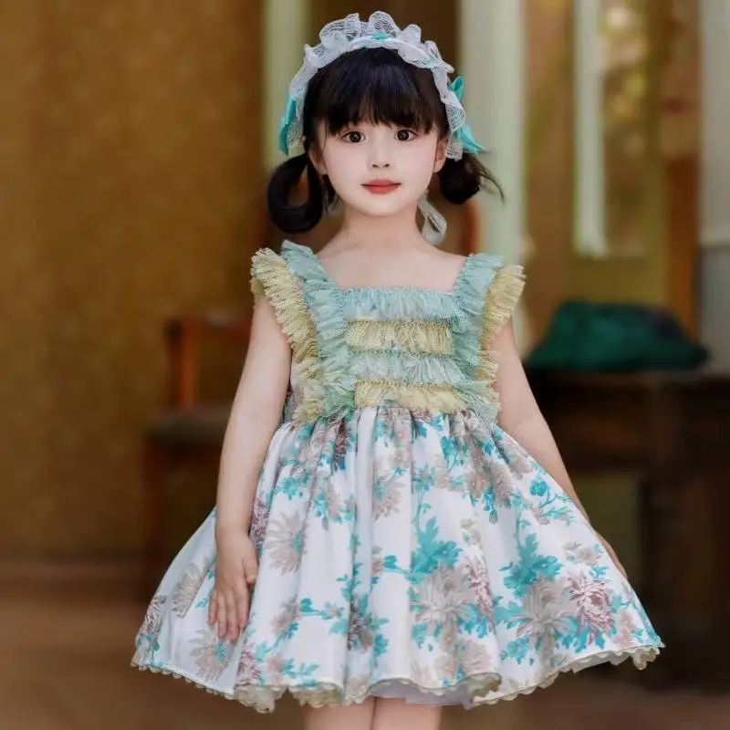 Vintage Floral Kids Lolita Dress 3Pcs Set Baby Girls Green Lace Sling Tutu Dress Princess Birthday Party Photoshoot Outfit