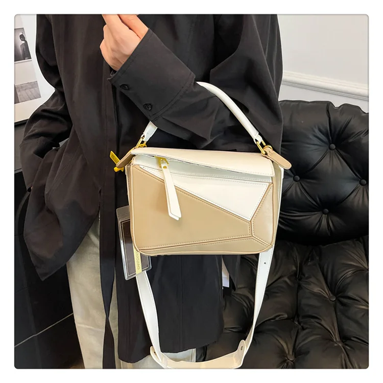 

Trendy Women's Crossbody Bag, Multi-Way Geometric Shoulder Purse, Chic Contrast Colors, Soft Tumbled Leather, Versatile Day Bag
