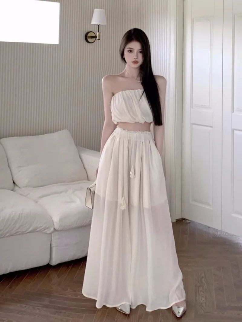 

Sweet Hot Girl Pure Sexy Suit Women's Summer Strapless Top High Waist Wide Leg Pants Two-piece Set Fashion Female Clothes