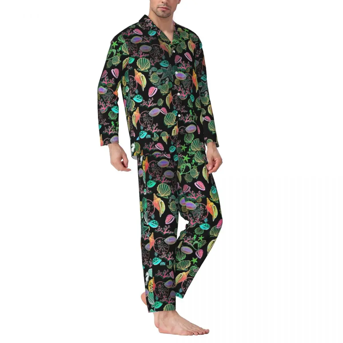 Colorful Sea Shells Print Pajama Sets Spring Comfortable Home Sleepwear Men Two Piece Casual Oversized Graphic Home Suit Gift