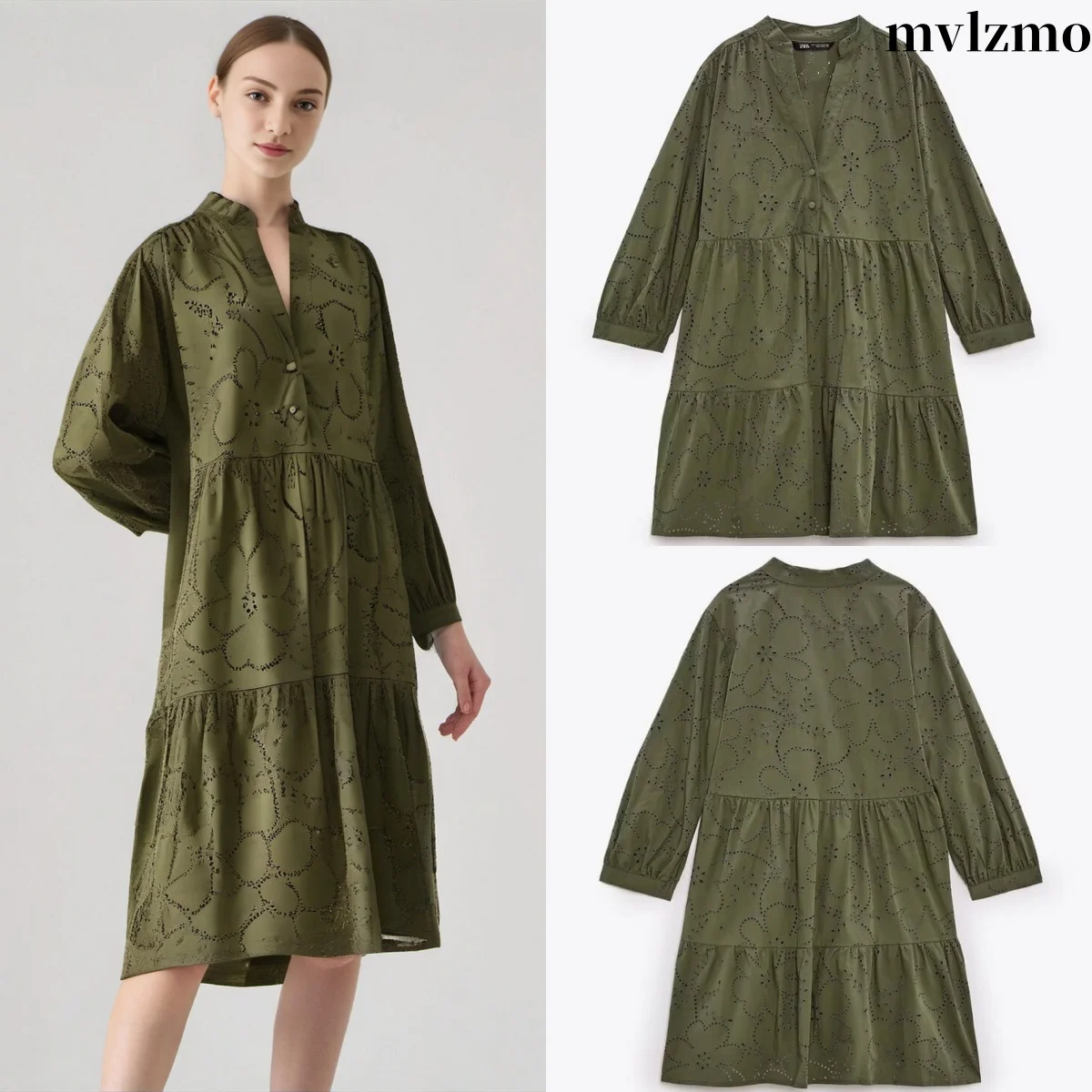 Vestido curto de manga comprida com decote em v feminino, mini vestidos emendados em camadas, bordado oco, verão, novo, 2024