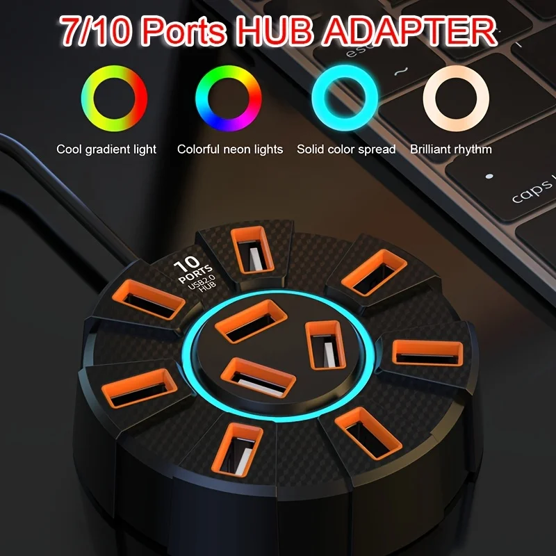 1 قطعة محور USB ملون 10 منافذ مع ضوء محيط، مادة ABS، توصيل وتشغيل، جهد تشغيل ≥36 فولت، لا يتطلب بطارية