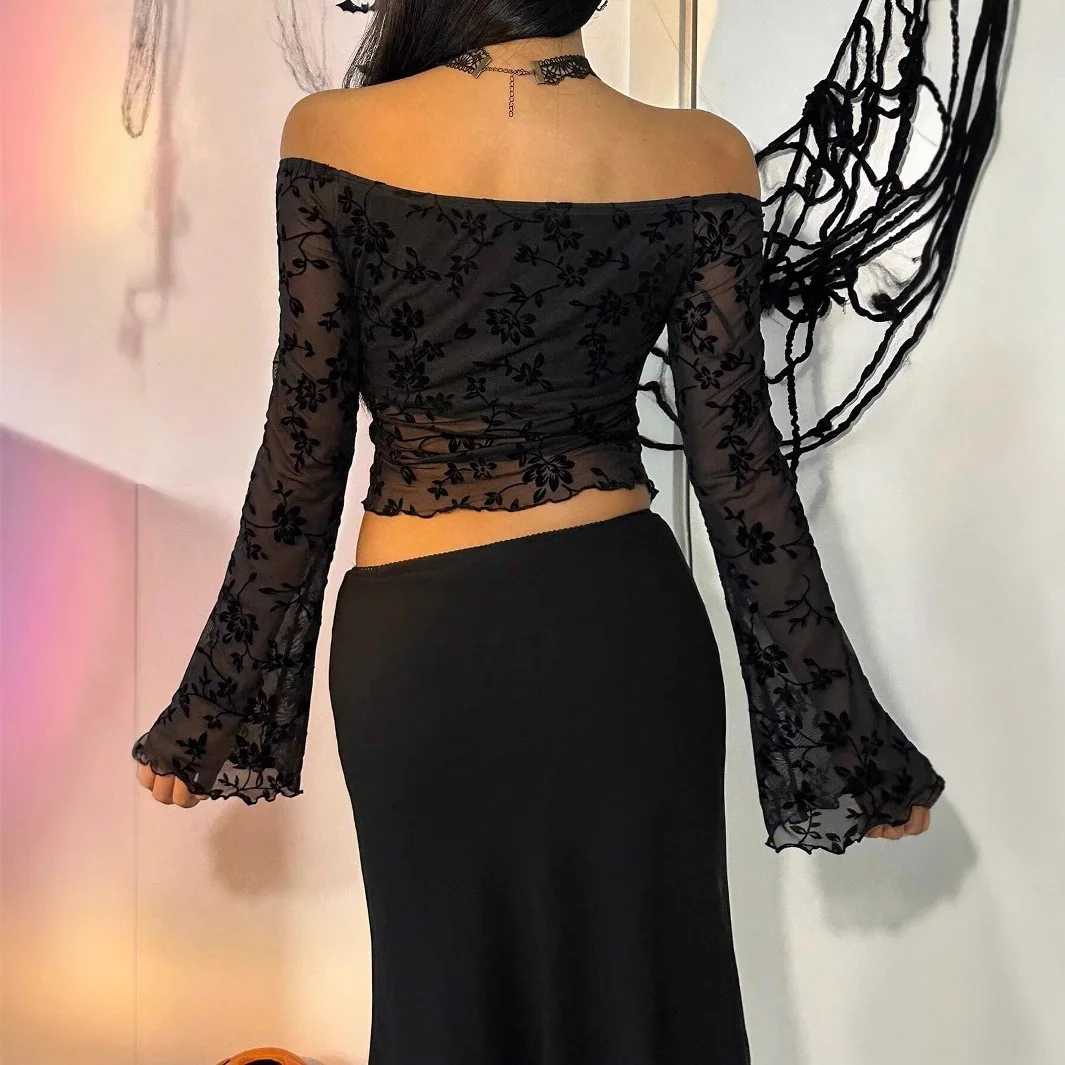 Women's Elegant Off Shoulder Slim Fit Versatile Flare Sleeve Sheer Crop Top Sexy Style Commute Breathable Irregular Hem T-Shirt