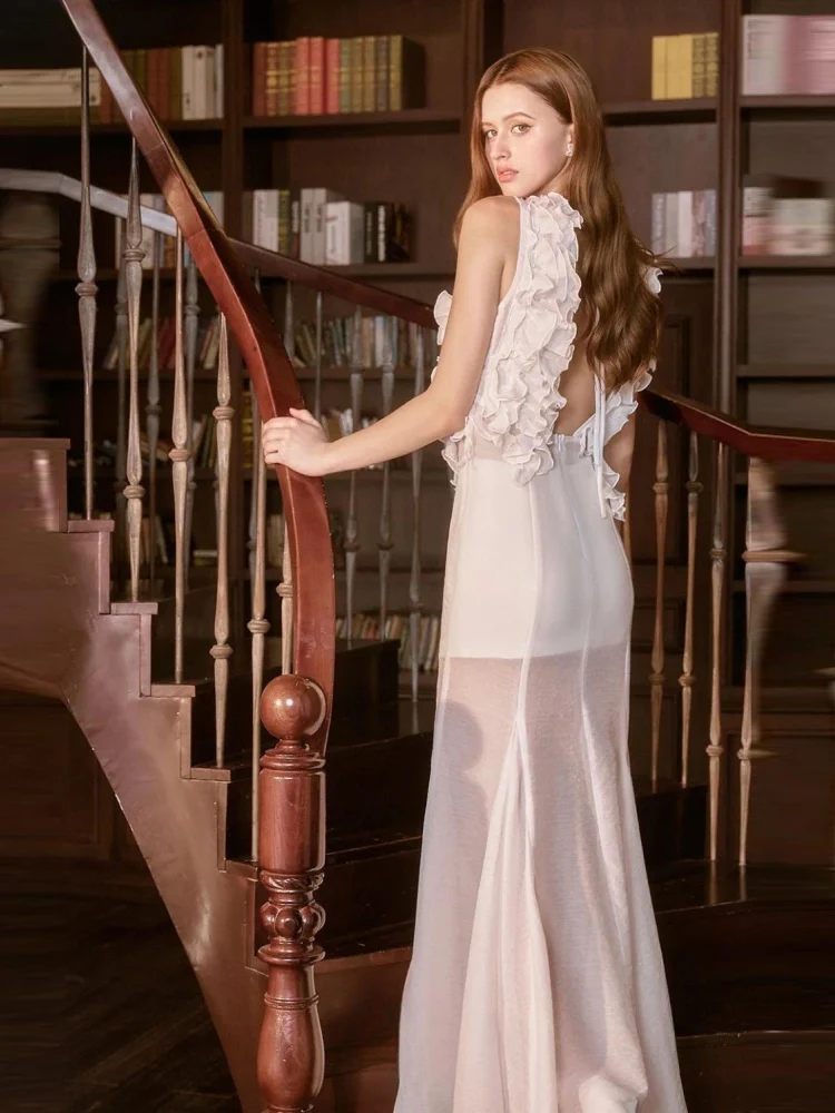 Vestido largo sexi con escote en V profundo y volantes con cordones y flores para mujer, vestidos ajustados florales sin mangas y espalda descubierta para fiesta de cumpleaños y cóctel