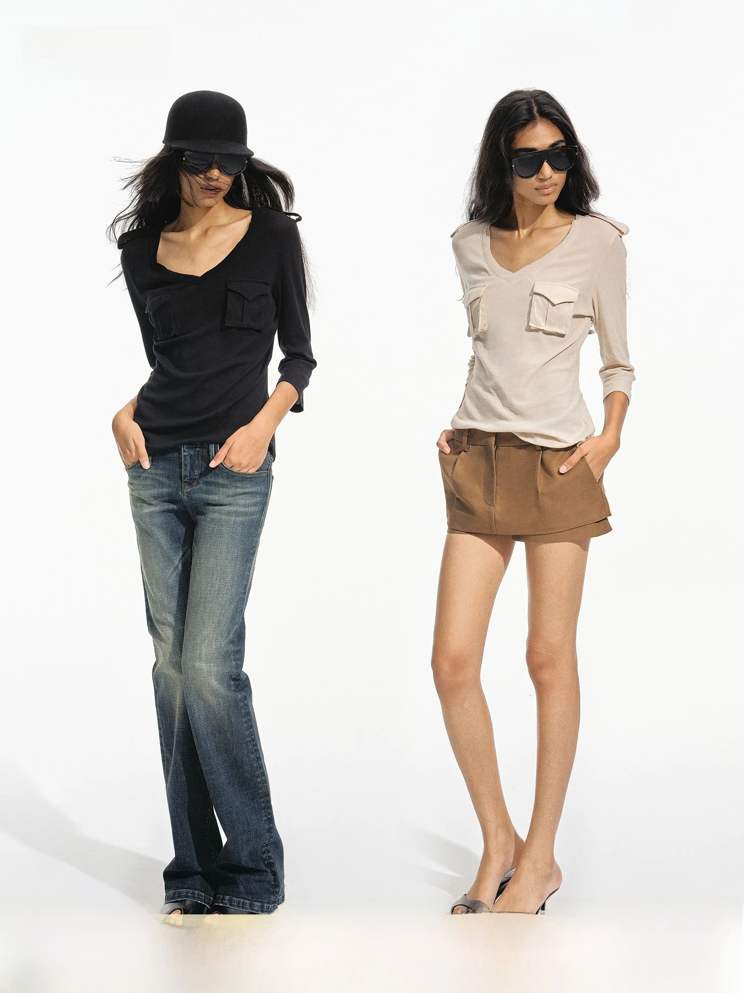 PRRP Casual V-neck Slim Fit Seven-quarter Sleeve Knitted Top with Double Patch Pockets in Three Available Colors Women's T-shirt