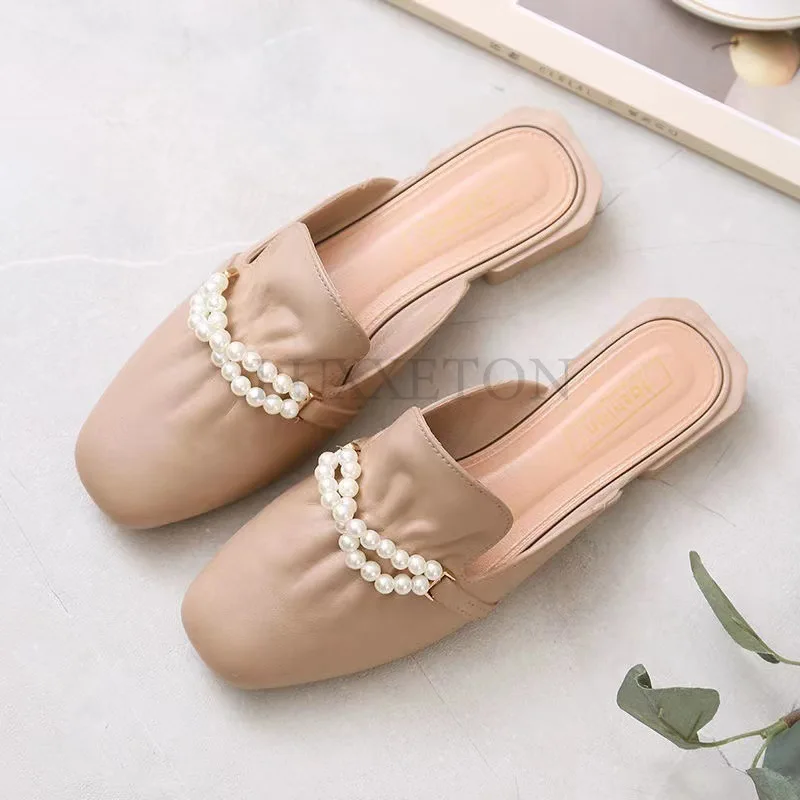 Women Slippers 2024 New Summer Fashion Slip on Flat Soled Muller Korean Cute Casual Outdoor Pearl Toe Square Toe Women Shoes