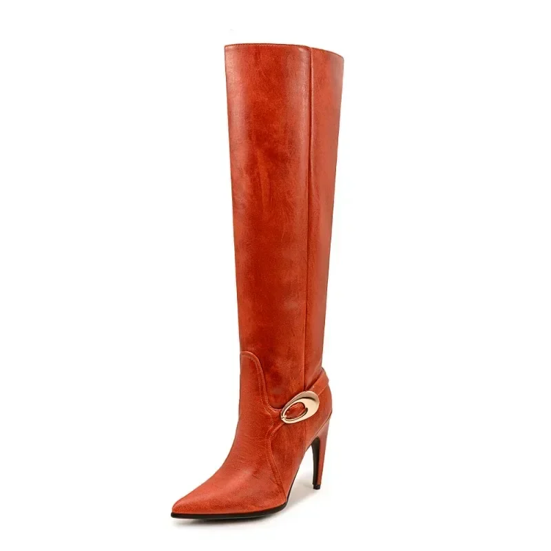 

2024 European And American Style Retro Kitten Heel Knee High Wide Boots For Women,Fashionable Metal Buckle Sleeve Boots