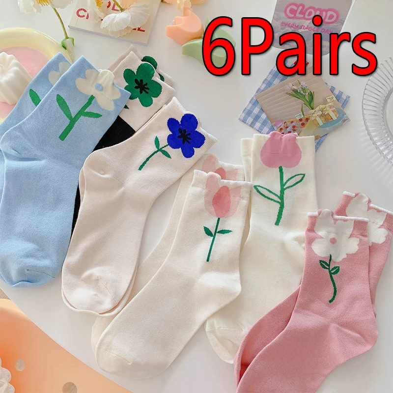 

6 Pairs Floral Socks Women Vintage Breathable Japanese Korean Style Mid Tube Flower Candy Socks Novelty Casual Kawaii Cute Socks