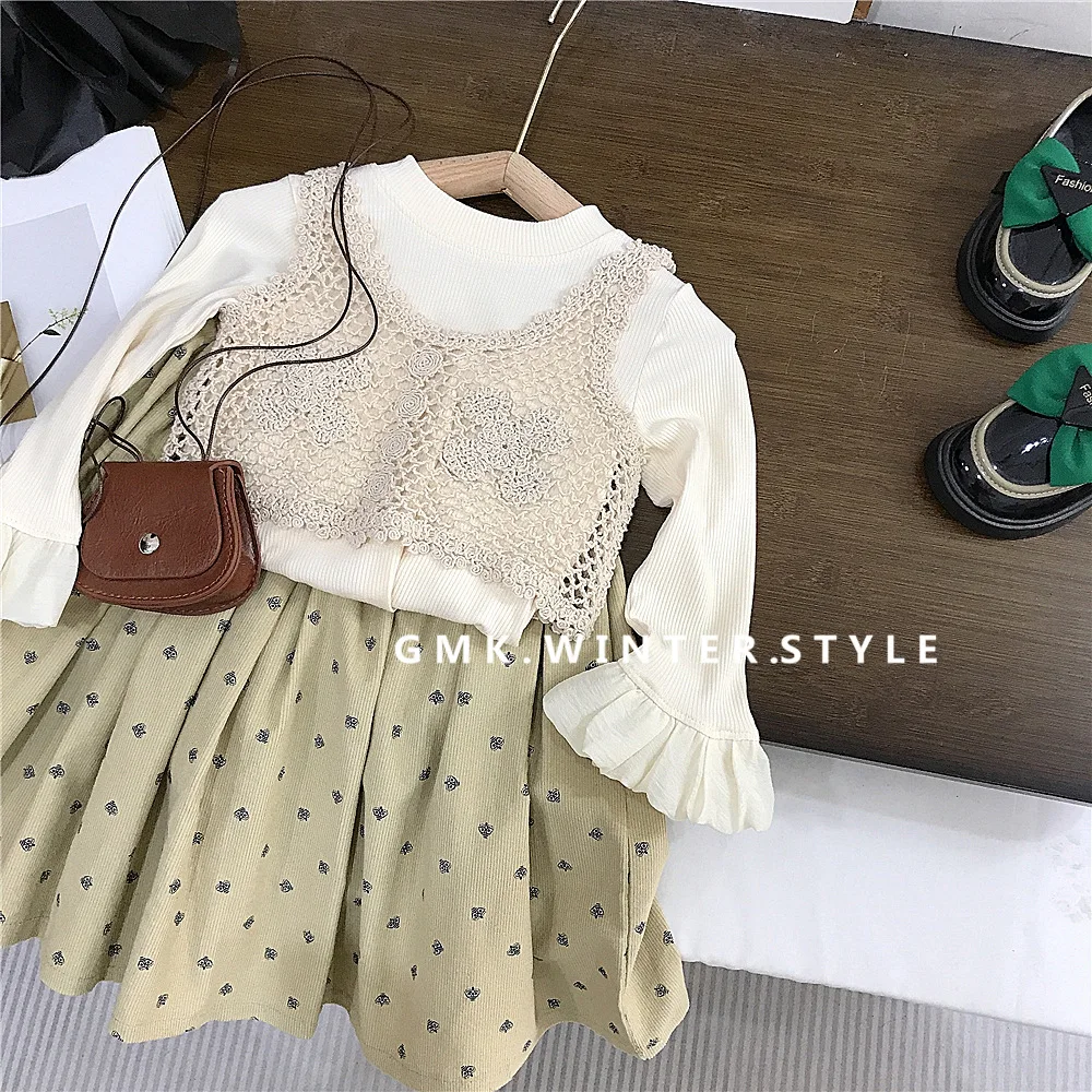 Spring Autumn Children Girl 3PCS Clothes Set Lace Hollow Vest Solid Floral Cuff Undershirt Suit Dot Print Corduroy Dress Outfits