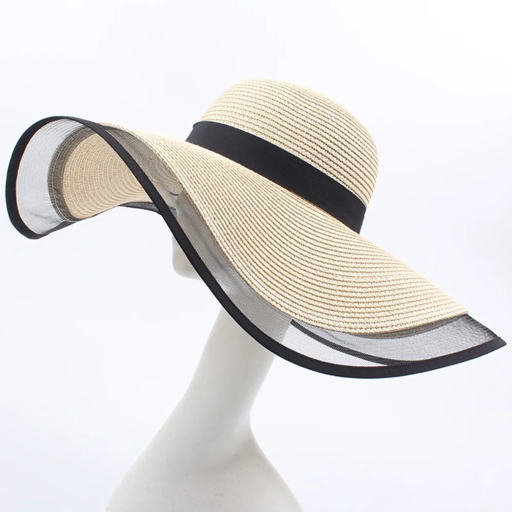 

Elegant Soft Foldable Straw Hat Mesh Wide Edge Sunshade Hat Sunscreen Summer Hat Women