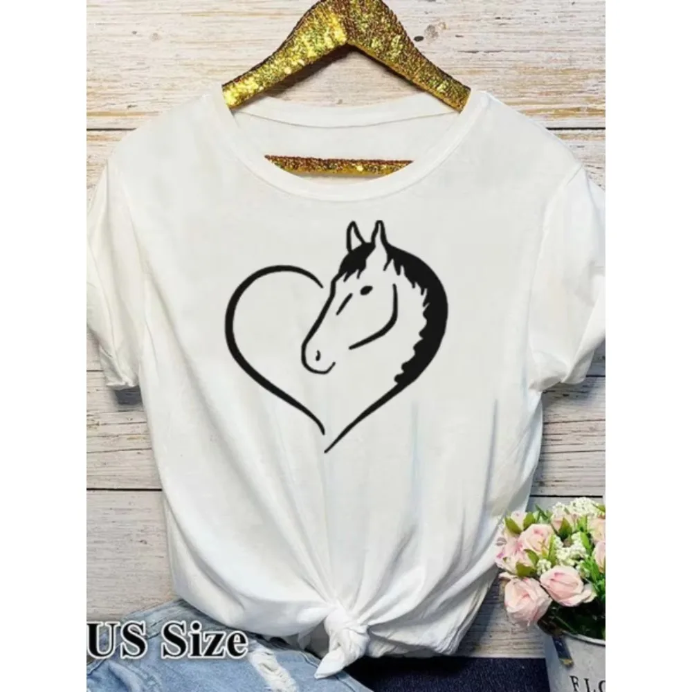 Horse Shape Heart Print Yellow T Shirt Women Short Sleeve O Neck Loose Women Tshirts Ladies Summer Fashion Tee Shirt Top Clothes