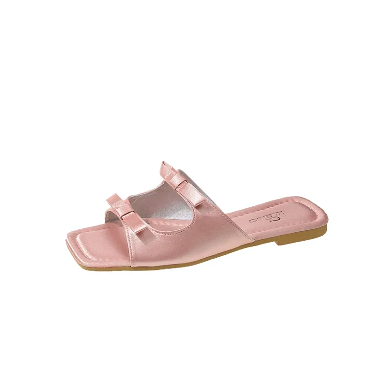 2024 Summer Candy Leather Beach Shoes Women Bow Flat Slippers Women\'s Shoes Simple Slides Open Toe Flat Slippers for Women