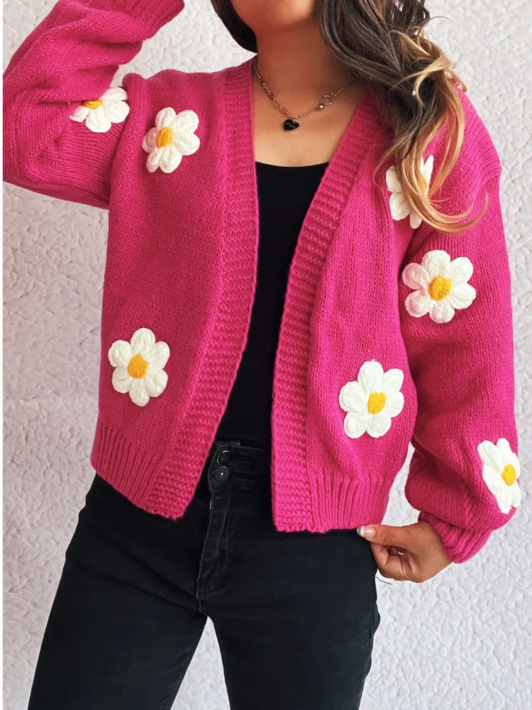 Women's Spring Autumn Flower Knit Cardigans Sweaters Female Korean Style Sweet Long Skeeve Cardigan Outerwear