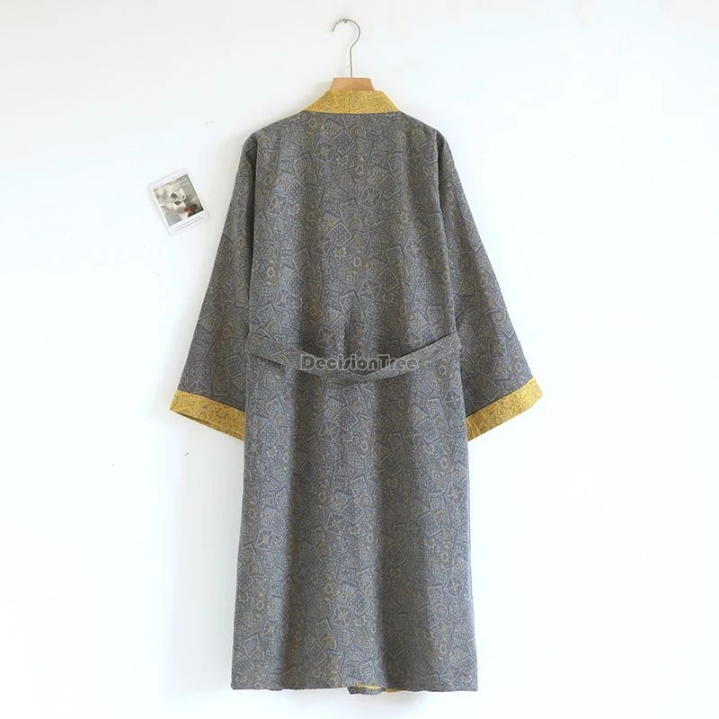 2025 japanese-style pure cotton jacquard bathrobe men loose style nightgown spring and autumn cross collar lace-up pajamas tobe