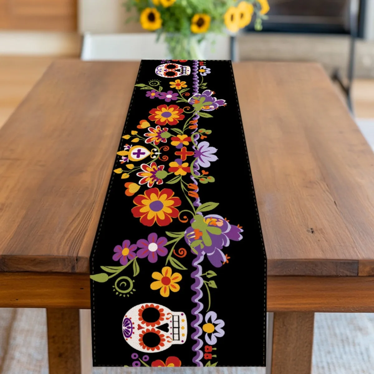 Mexican Skull Floral Table Runner, Durable & Washable, Kitchen Table Holiday Celebration Table Runner