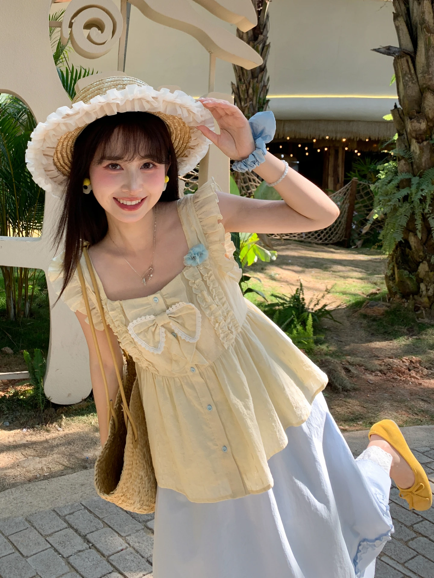 

Pure Cotton Lace Knot Design Women's Vest Summer Slimming Versatile Sweet Sle Breathable Casual Square Collar Top