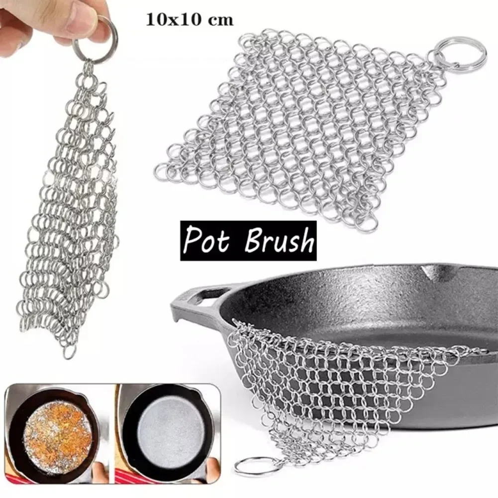 Stainless Steel Cast Iron Cleaner Chain Mail Scrubber Brush Pan Net Home Cookware Kitchen Tool Clean Accessories 10x10 Cm