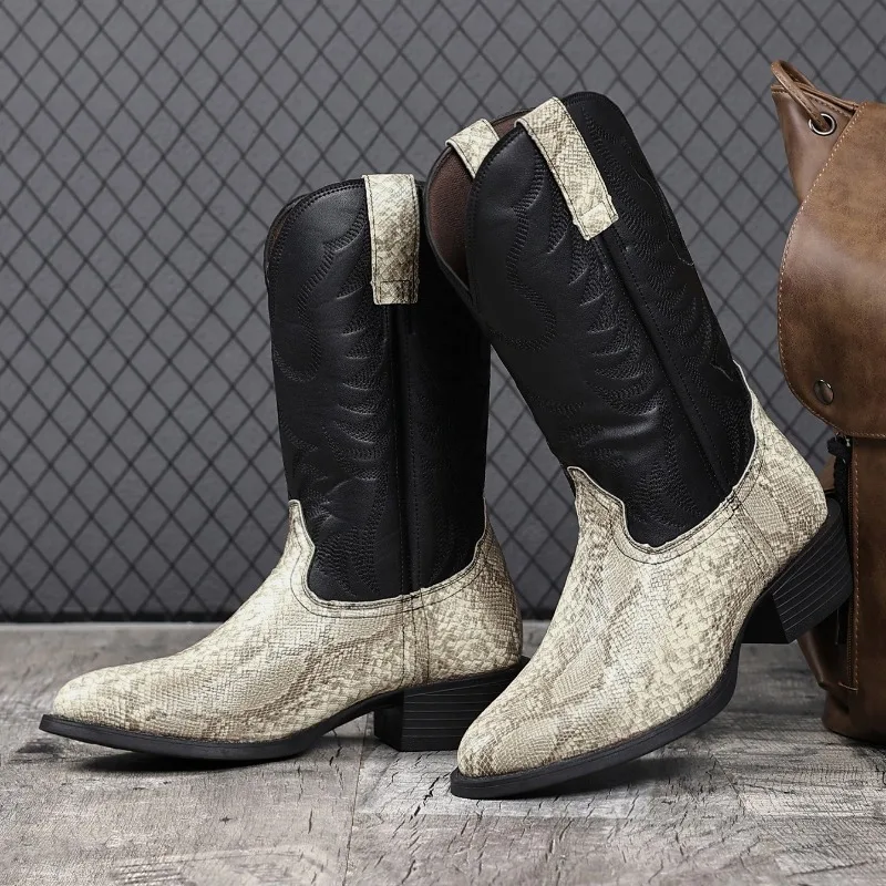 Men's Boots Retro Embroidered Western Cowboy Boots Fashion Pointed Mid-calf Leather Boots Men's Motorcycle Boot Botas Masculino