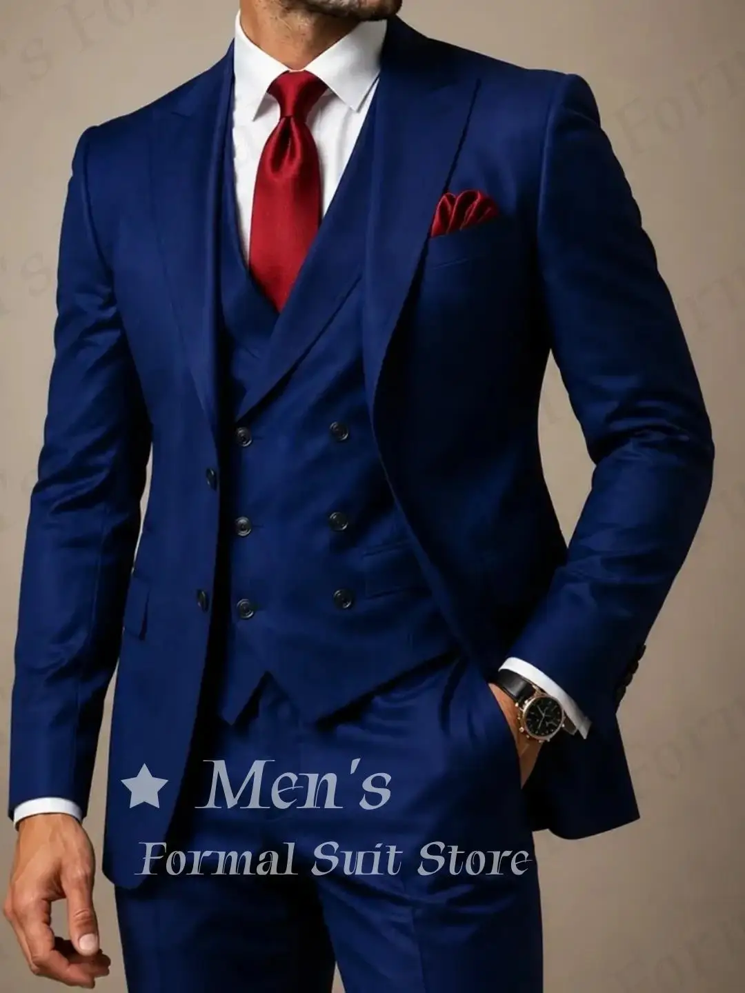 3 Piece Men Suit Royal Blue Peak Lapel Double Breasted Waistcoat Slim Fit Blazer Matching Pants Wedding Prom Customized
