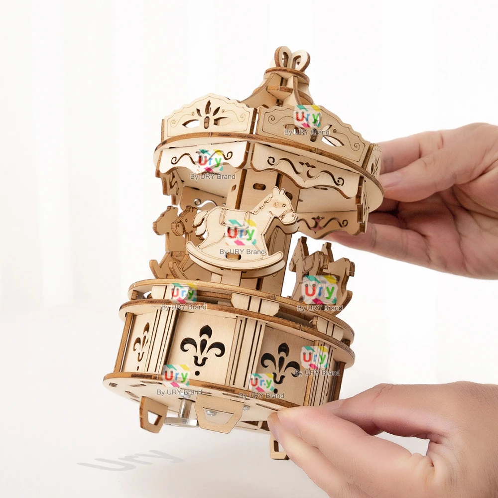 Rotatable DIY 3D Puzzles Carousel merry-go-round Music Octave Box Wooden Model Mechanical Kits Assembly Decor Toys Gift for Kids