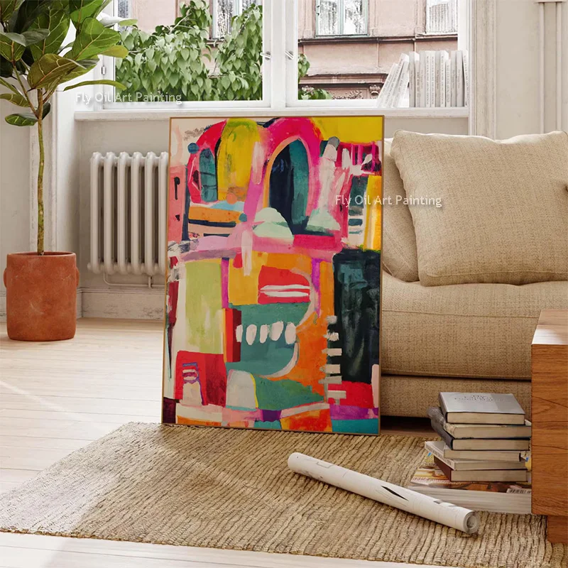 Abstract Colorful Knife Thick Canvas Artwork Original Hand Drawn Orange Red Yellow Oil Painting For Living Room Decor As Gifts