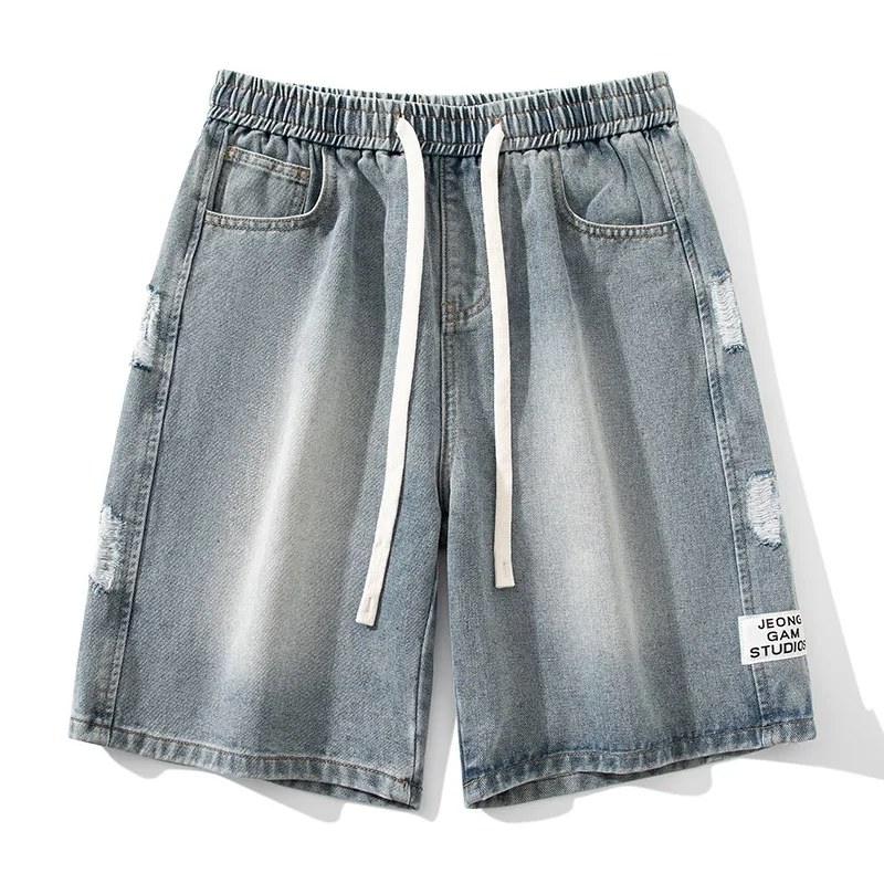 

Summer Men Blue Denim Shorts Jeans Solid Color Pocket Shorts Fashionable Casual Short Jeans Harajuku High Street Men's Clothing