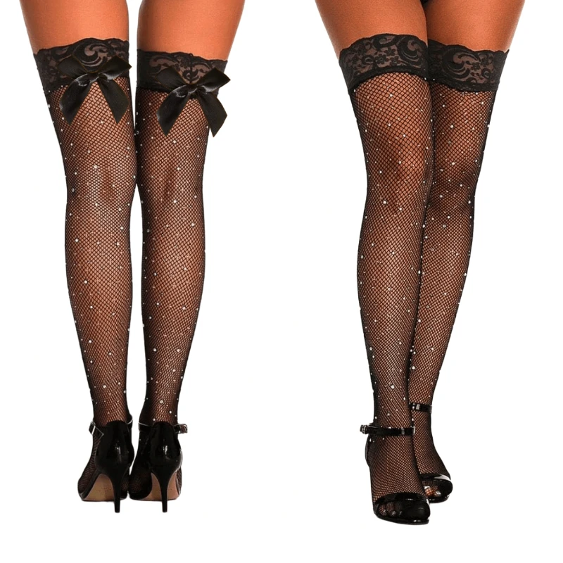 Sparkly Rhinestone Fishnet Thigh High Stockings for Women Sexy Underwear Plus Size Lace Stay Ups Stockings with Bowknot Hosiery