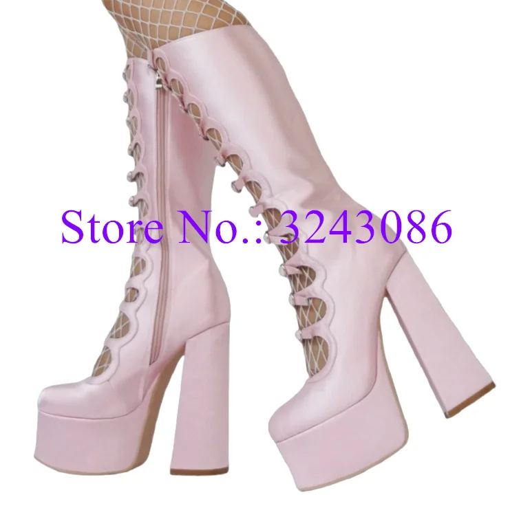 Pink Color Platform Woman Long Sandals Boots Sexy Buckle Strap Chunky Heel Knee Boots Fashion Lady Party Shoes Large Size