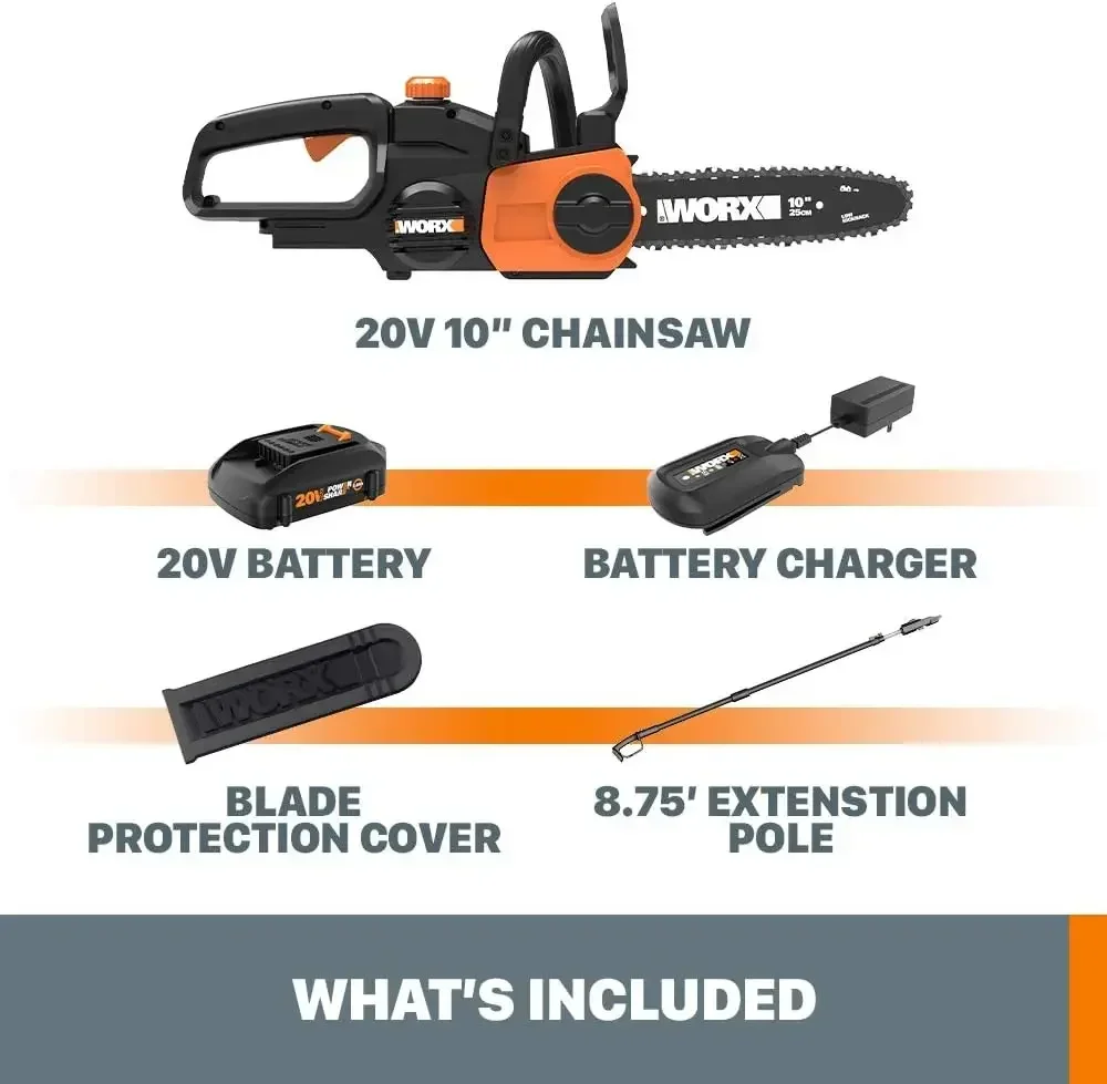 WG323 20V Power Share 10" Cordless Pole/Chain Saw with Auto-Tension (Battery & Charger Included)