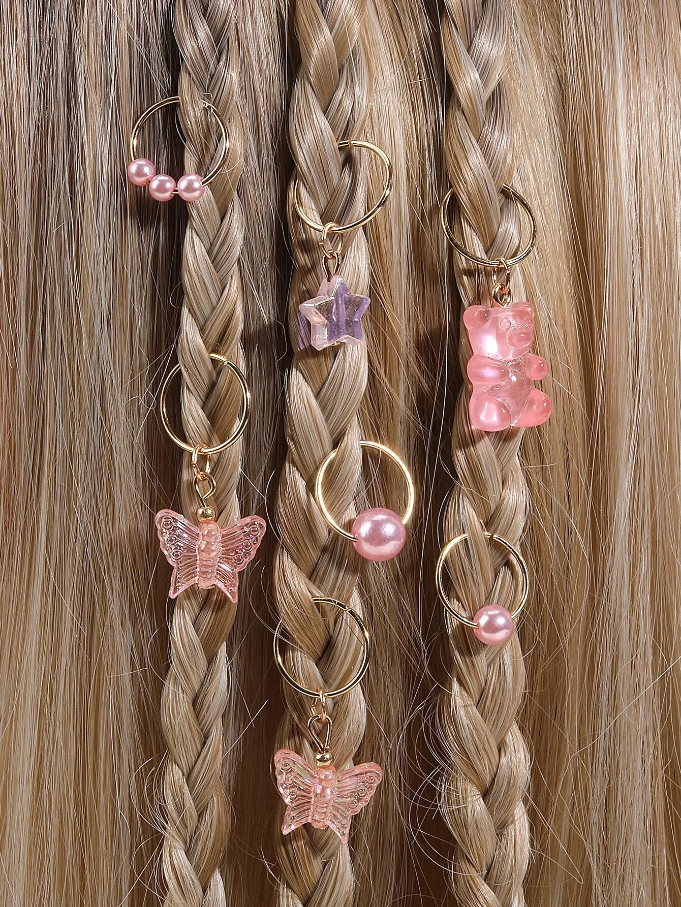 14pcs/Pack Pink Pearl Star Bear and Butterfly Shape Hair Braid Rings Hair Ties Kids Hair Accessories for Girls Headwear