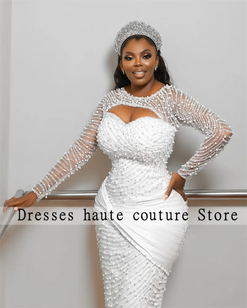 Aso Ebi Luxurious Mermaid Beaded Lace Wedding Dresses Woemn 2025 Elegant White Pearls Long Sleeve Bridal Gowns Customized