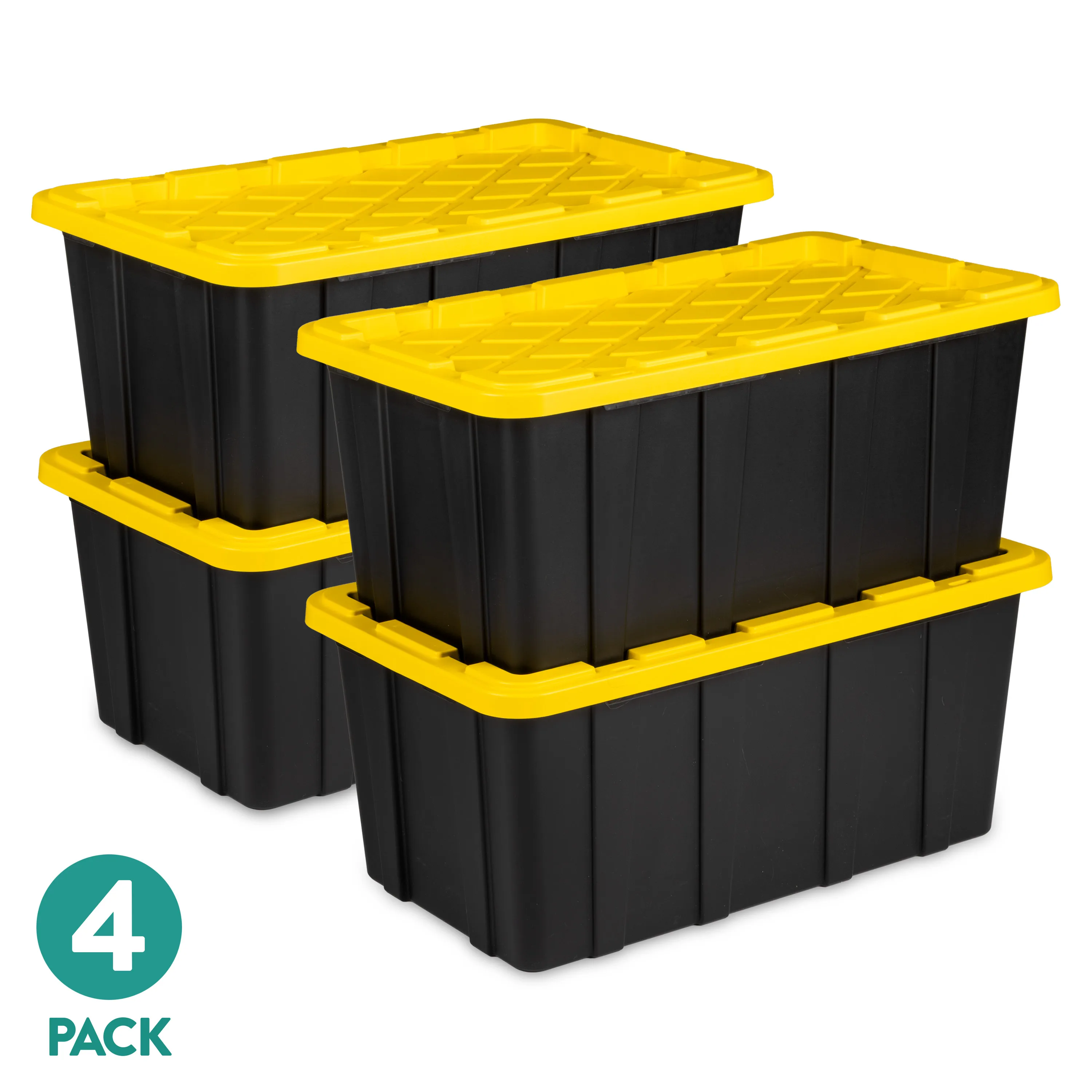 

38 Gallon Industrial Tote, Rugged Plastic Storage Bin, Snap-on Lid, Yellow/Black, 4 pack