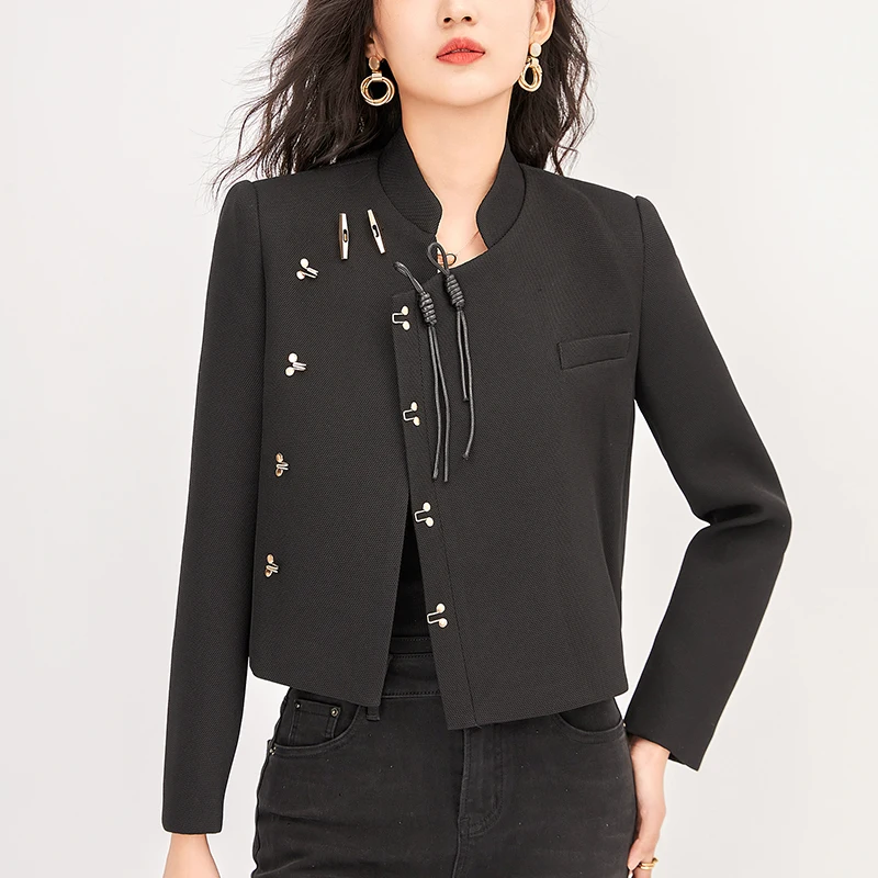 

Vintage Jackets Coats For Women Chinese Style Elegant Fashion Long Sleeve Women's Black Jacket 30% Acetate Office Lady Suit Coat