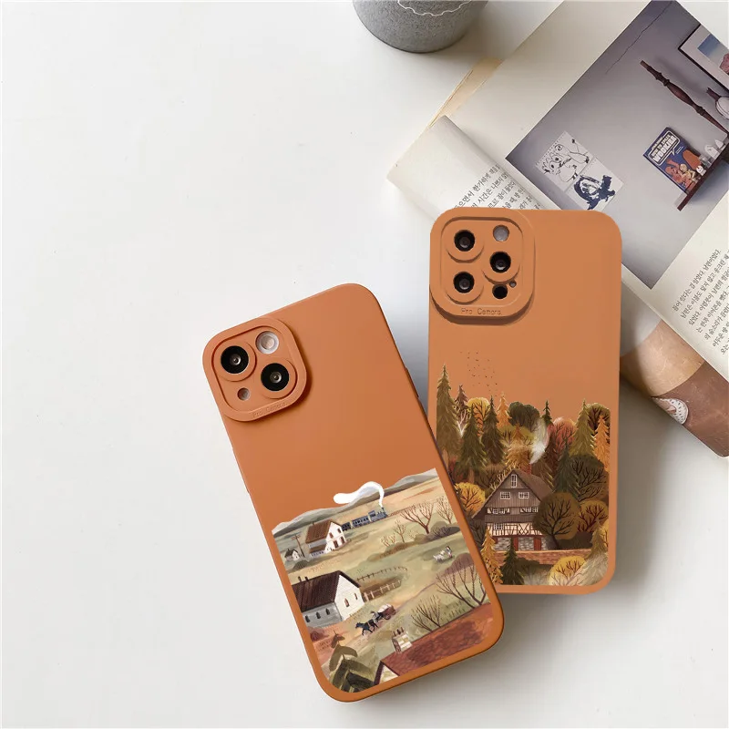 Hand Painted Phone Case For iphone X XS MAX XR Retro Rural Scenery Case Soft Back Cover For iPhone 7 8 Plus 14 12 13 11 Pro MAX