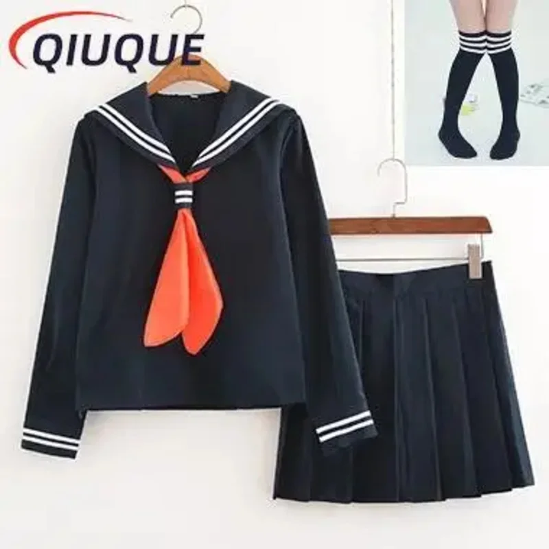 Qq45JK uniformes estudiantes de escuela japonesa vestido de moda trajes de marinero negro azul marino conjunto para niñas disfraz Cosplay Top falda cuello