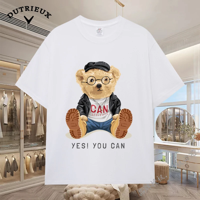 2024 New Luxury Bear Short Sleeved Men's and Women's Loose 230g Fabric weight Cotton Versatile Round Neck Breathable Inner Layup