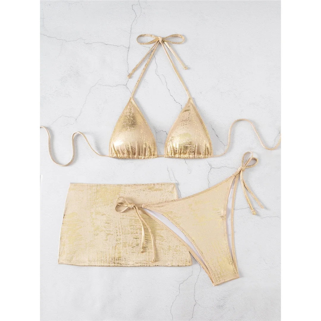 3-teiliges Set mit Rock, aus Kunstleder, Damen-Bikini, Damen-Badebekleidung, dreiteiliges Bikini-Set, mit Trägern, Badeanzug, Badebekleidung, Modell V8378. – Detail 5