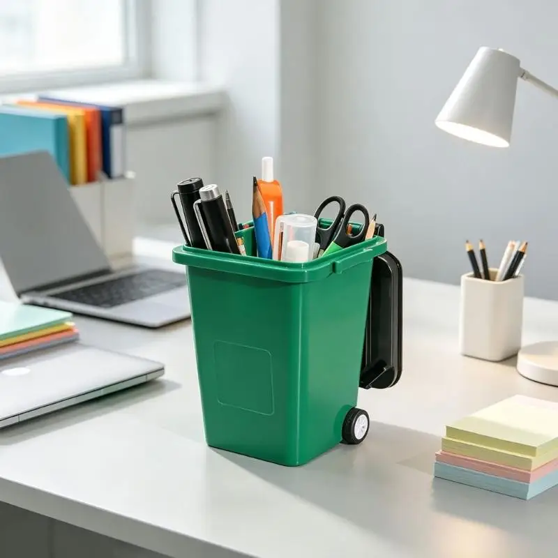 Desktop Pencil Cup with Flipping Lid and Plastic Desk Organiser Caddy for Writing Tools on Study Tables and Office Desks