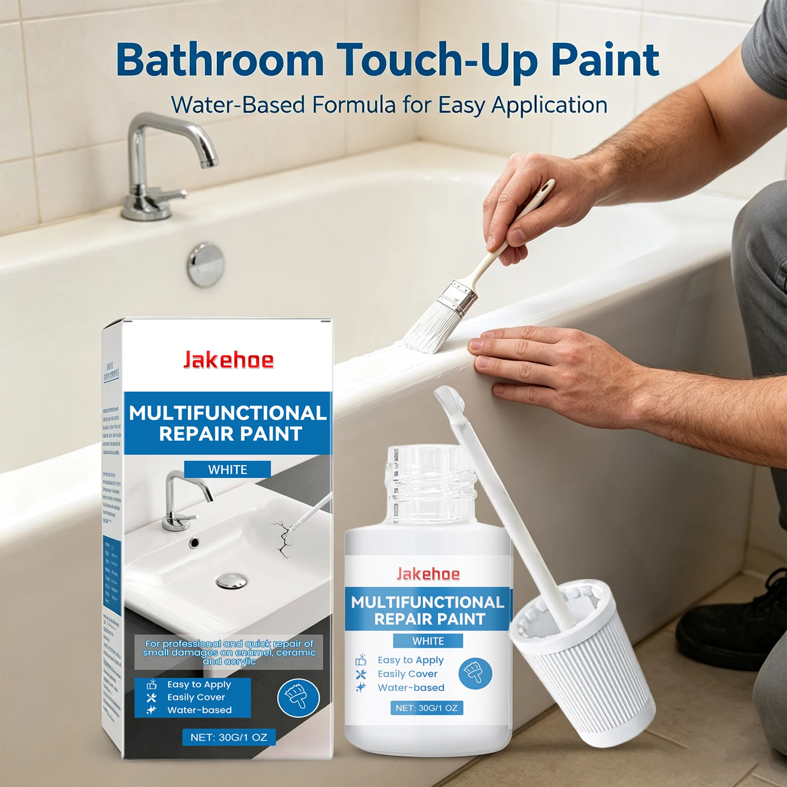 Jakehoe Multifunctional Repair Paint Cover Scratche Crack Blemishes Waterproof Easy to Apply Water‑based White Tile Repair Paint