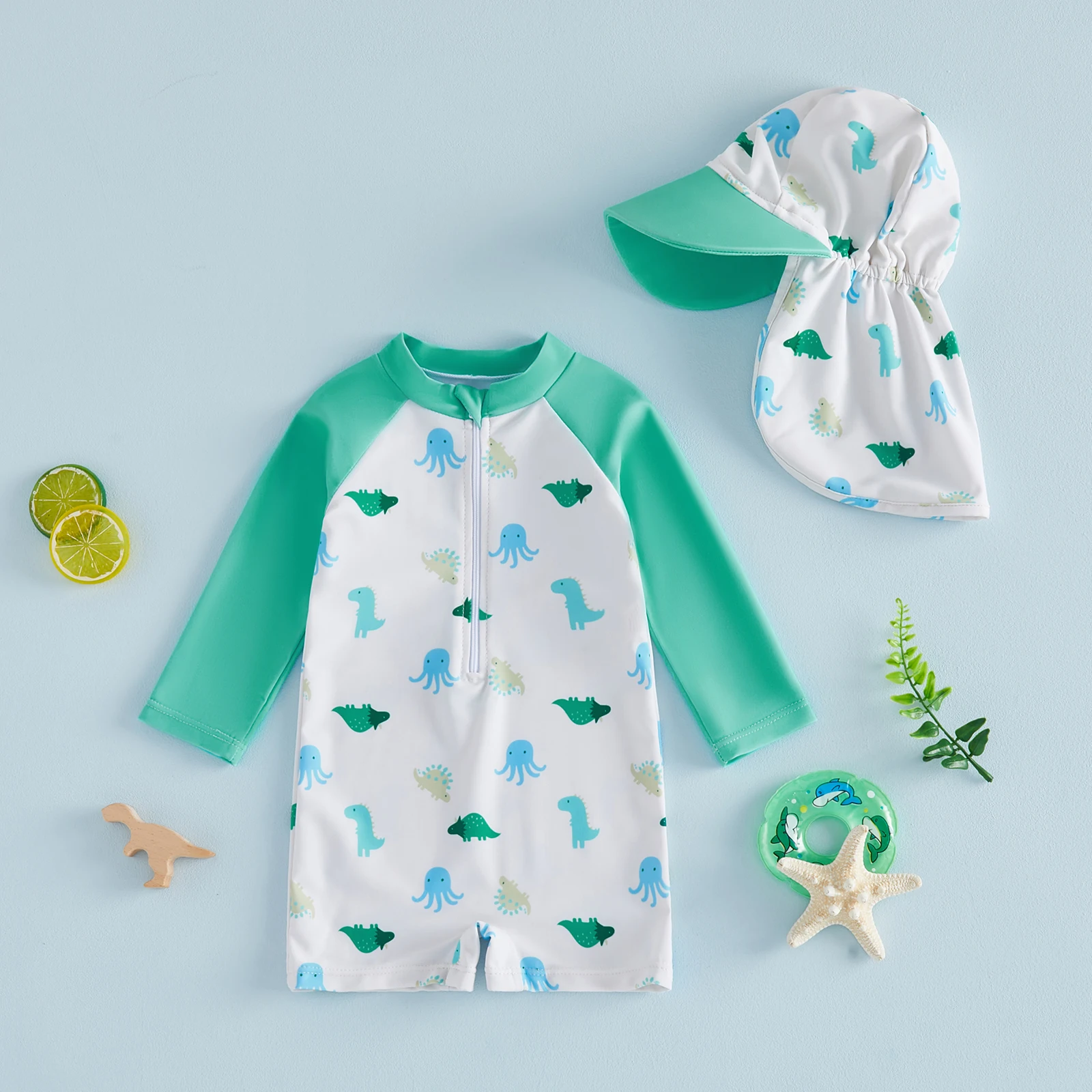 Tregren 0-24M Infant Baby Boy Rash Guard Swimsuit Octopus Print Long Sleeve Zipper Romper Swimwear with Swimming Hat 2pcs Sets