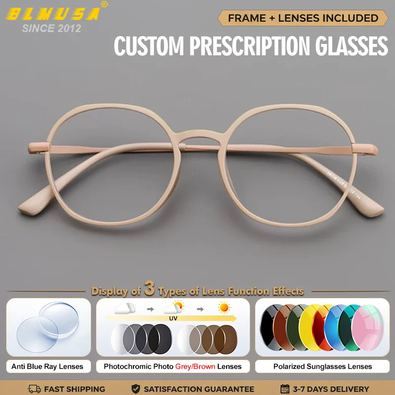 BLMUSA Ultralight Fashion Men Anti Blue Light Photochromic Myopia Glasses Small Frame Custom Progressive Prescription Eyeglasses