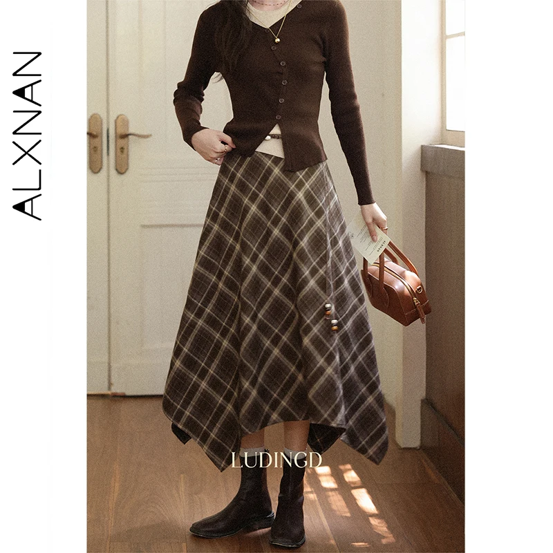 ALXNAN Black Plaid Irregular Skirt Women Elegant Long A-line Checkered Midi Skirts 2025 Fall Winter Female Clothing L57278-1