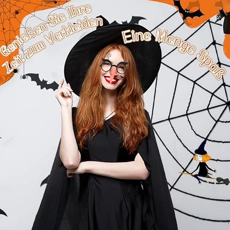 1 Set Witch Hat Witch Glasses Nose Fake Fingernails Halloween Party Cosplay Costumes Black Wizard Cap Cloak Cosplay Accessories