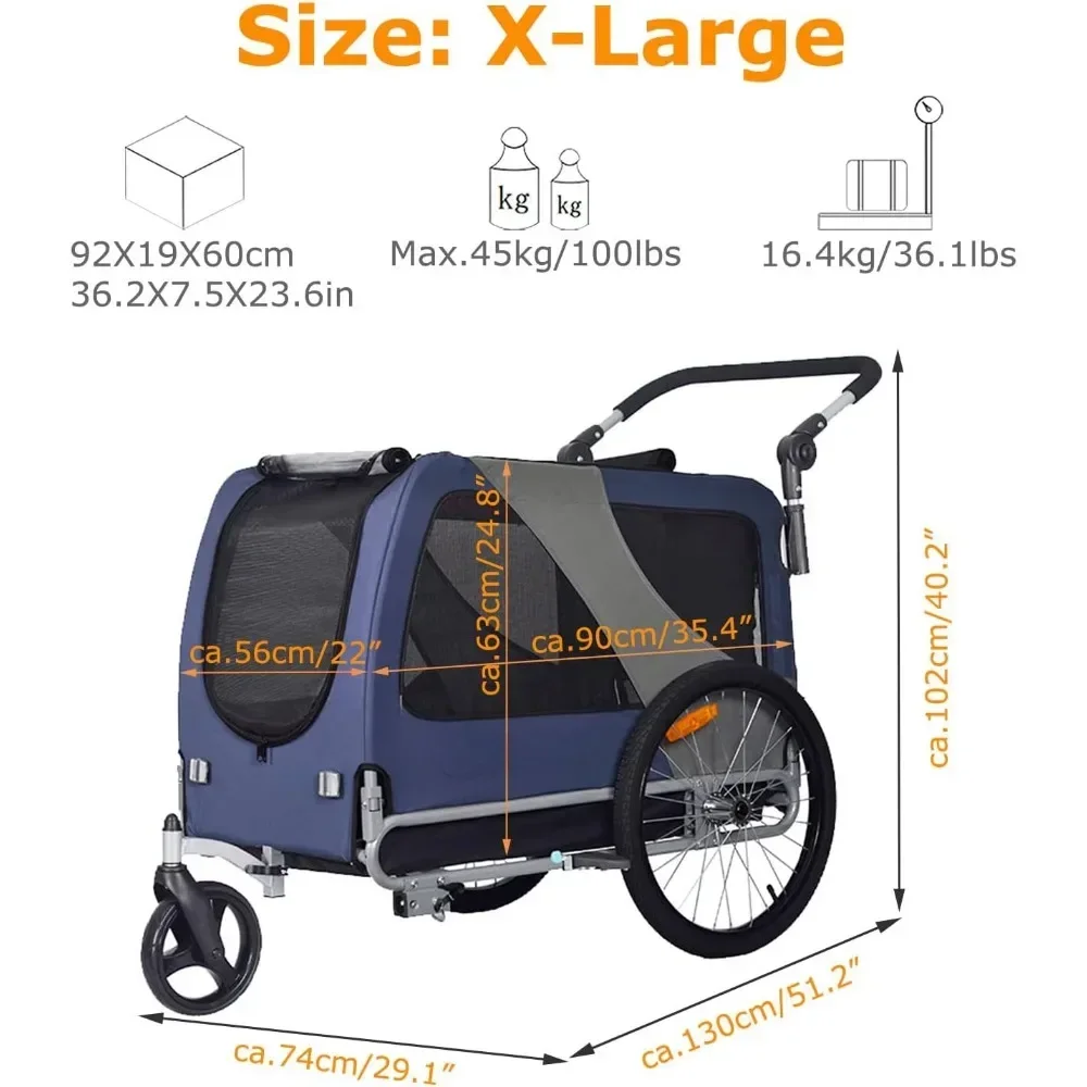 Premium Large/XL Pet Bike Trailer & Stroller for Large Sized Dog or Multiple Small Dogs,Low Center of Gravity Easy Folding Frame