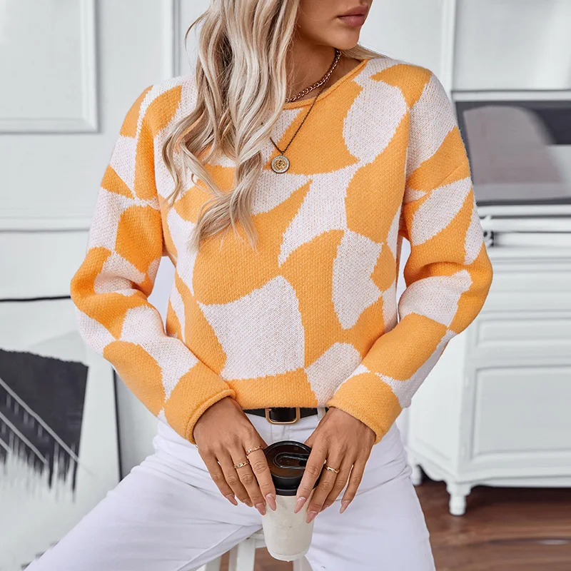 Contrasting color pullover European and American sweater women autumn and winter new casual fashion loose hemmed cross-border sw